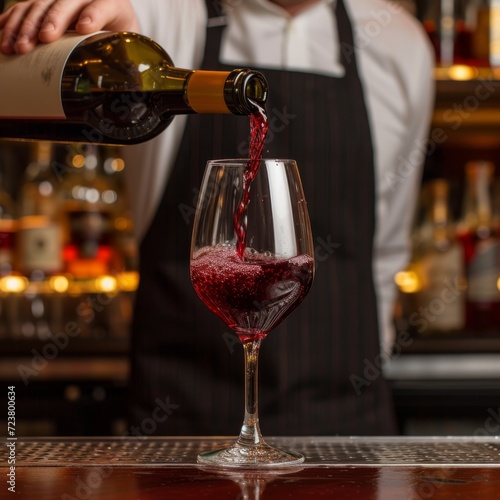 bartender pouring red wine into glass at bar