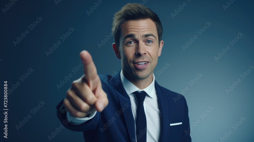 A professional man in a suit pointing directly at the camera. Suitable for business and communication concepts A professional man in a suit pointing directly at the camera. Suitable for business and communication concepts