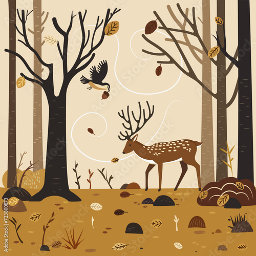 Autumn landscape with wild deer in reserve park. Autumn forest background. Brown leaves are falling. Wonderland landscape in fall season. Beautiful poster for print postcard. Vector illustration