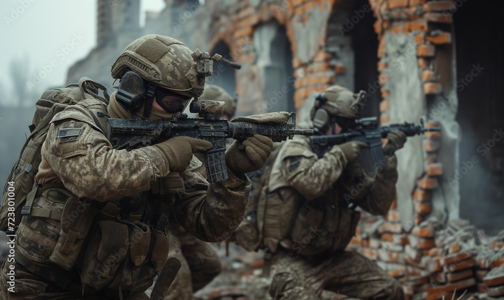 Obraz premium Special Forces Soldiers in Camouflage Gear In Action During Urban Combat - City War