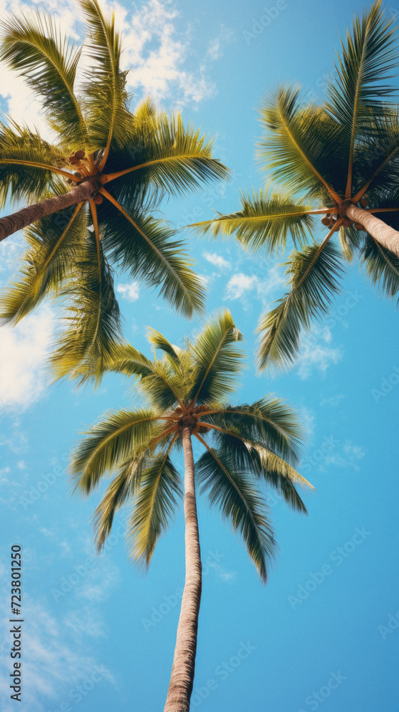 Obraz premium Coconut palm trees on blue sky background, vintage toned