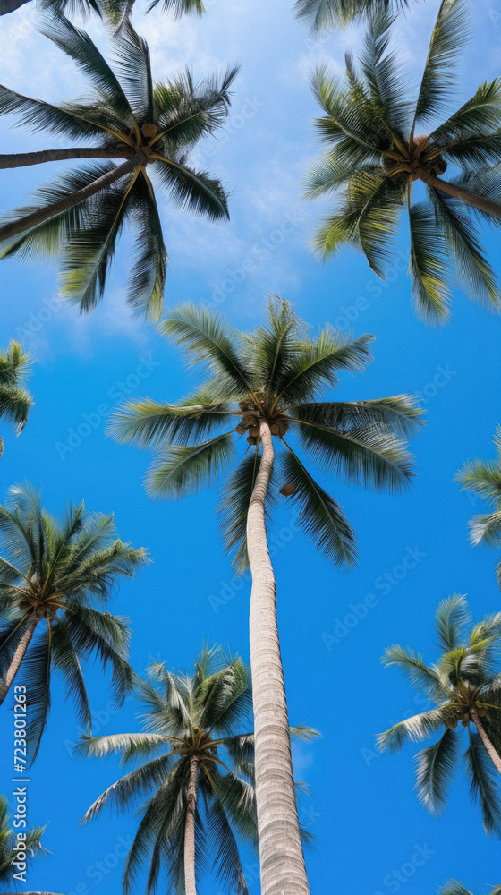 Coconut tree with blue sky background, coconut palm tree and blue sky