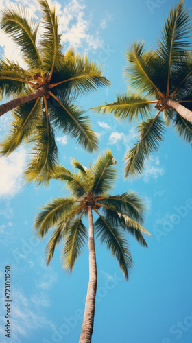 Coconut palm trees on blue sky background  vintage toned