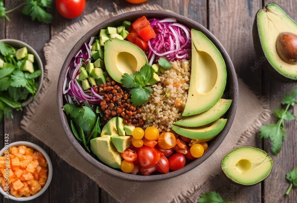 Healthy salad bowl with quinoa, tomatoes, chicken, avocado, lime and mixed greens, lettuce, parsley on wooden background top view. Food and health.