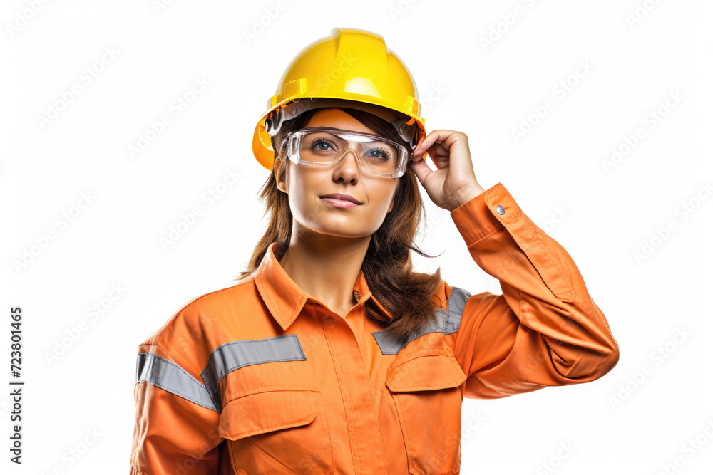 Mechanical engineer woman in yellow safety helmet, isolated white background Mechanical engineer woman in yellow safety helmet, isolated white background