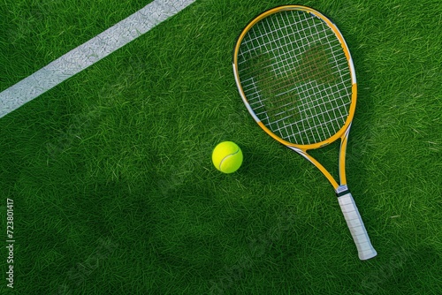 Top view of the tennis court with white lines, a tennis racket and a yellow tennis ball , on a sunny day.
