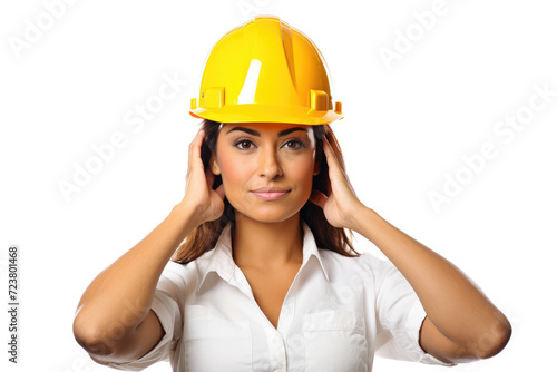 Mechanical engineer woman in yellow safety helmet, isolated white background