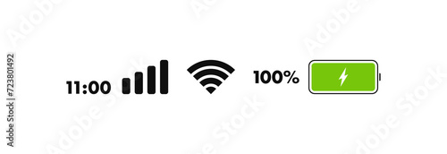 Phone life bar status. Mobile indicator of time, wifi signal, level of mobile communication and battery level of charge. Icons for UI, UX design. Vector illustration