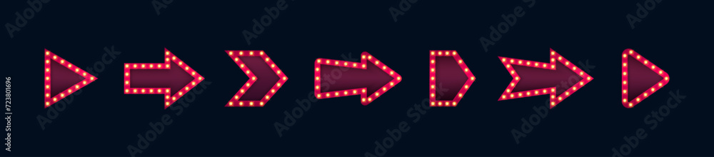 Set of retro lightbox in arrow shape on dark background. Arrow design for pointer, direction, orientation and navigation. Vector illustration Set of retro lightbox in arrow shape on dark background. Arrow design for pointer, direction, orientation and navigation. Vector illustration