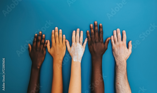  top view, diverse hands raised up against blue background
