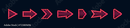 Set of retro lightbox in arrow shape on dark background. Arrow design for pointer, direction, orientation and navigation. Vector illustration