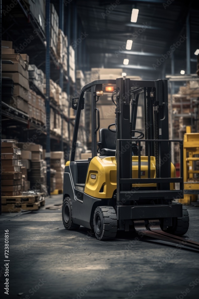 A forklift parked inside a warehouse. Suitable for industrial and logistics concepts