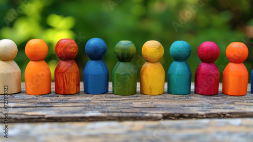 colorful wooden peg people in a row diversity concept photo