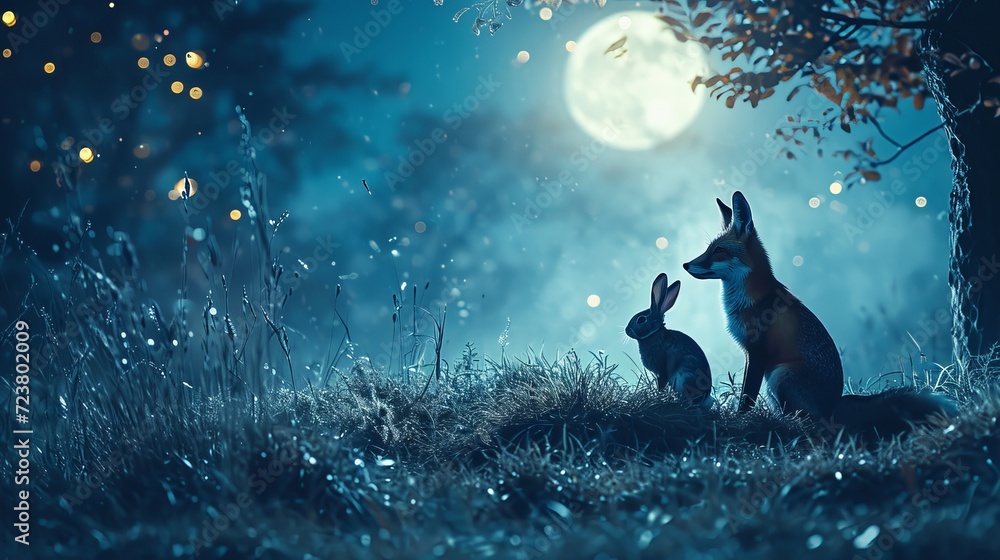 Fox and Rabbit Cuddling Under the Moon in a Magical Forest
