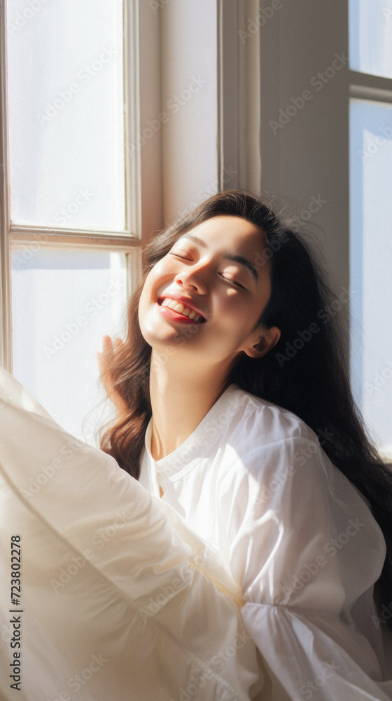 Portrait of a beautiful young asian woman waking up in the morning . Portrait of a beautiful young asian woman waking up in the morning .