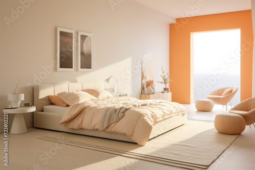 Minimal bedroom interior design in pastel color with modern bed and decoration © LFK