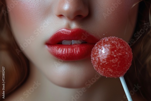 Glamour macro shoot with sexy woman's lips with a sweet bonbon. Beautiful bright fashion make-up. Girl licking a strawberry lollipop. Generative Ai. 