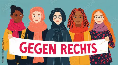 Multikulturelle Frauen halten ein Banner mit einer Botschaft 