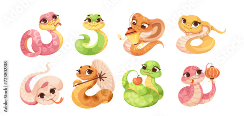 Set of cartoon cute snakes isolated on white background. Little child snake characters. Chinese horoscope zodiac sign, year of snake 2025. Friendly characters of smiling reptile. Vector illustration