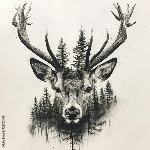 Portrait of wild deer with forest in the background. Hand-drawn illustration. Generative Ai.