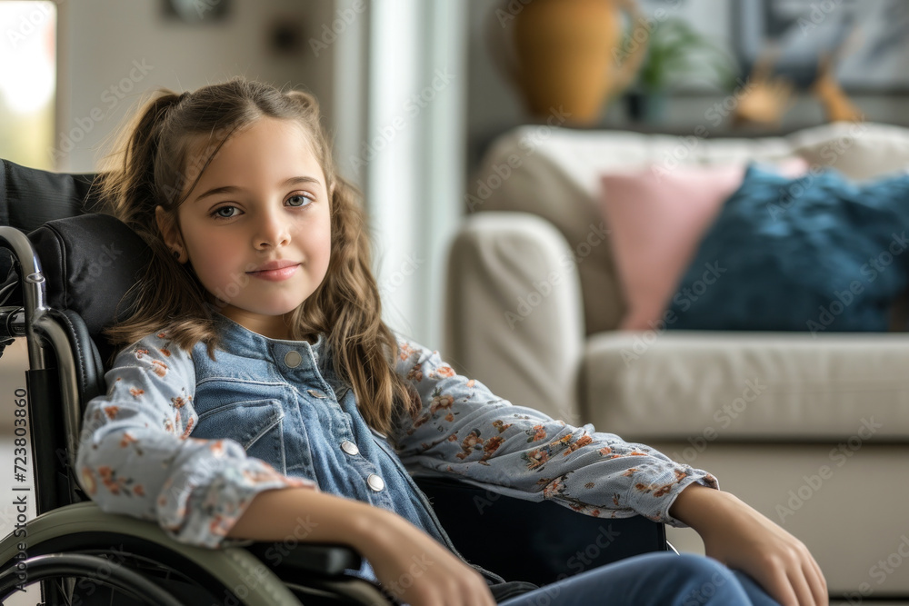 Cute girl in wheelchair at home Cute girl in wheelchair at home