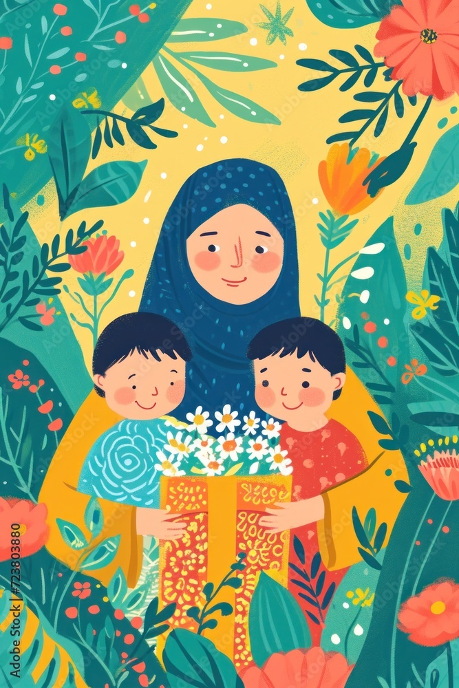 Vibrantly colored poster capturing the happiness of a mother and her child. Vibrantly colored poster capturing the happiness of a mother and her child.