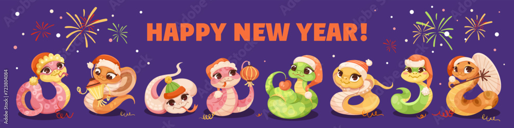Set of cartoon cute snakes isolated on white background. Little child snake characters. Chinese horoscope zodiac sign, year of snake 2025. Friendly characters of smiling reptile. Vector illustration Set of cartoon cute snakes isolated on white background. Little child snake characters. Chinese horoscope zodiac sign, year of snake 2025. Friendly characters of smiling reptile. Vector illustration