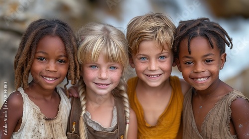 Portrait of a group of kids looking at camera in the park. Generative Ai. 