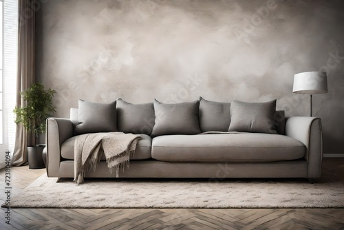 an AI image of a fabric sofa adorned with grey pillows and a blanket, set against a stucco wall in the Wabisabi style of home interior design within a modern living room © Noor
