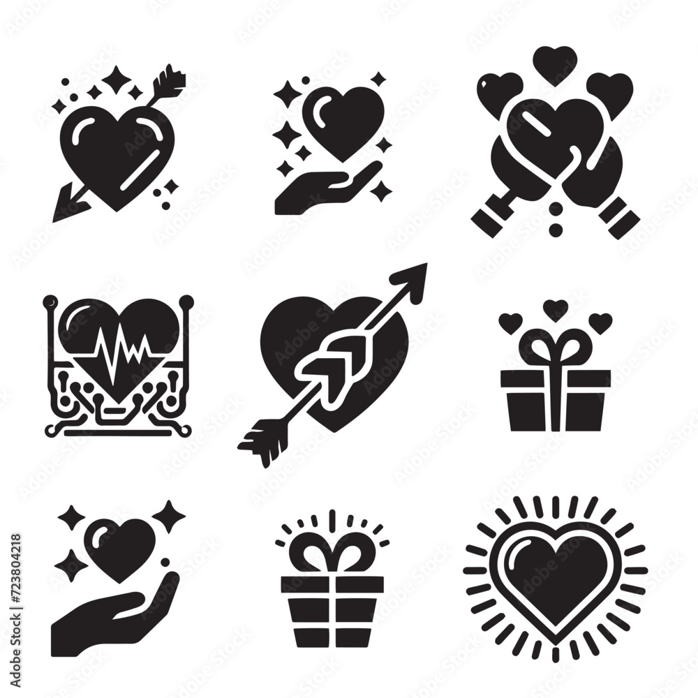 set of black and white icons with hearts set of black and white icons with hearts