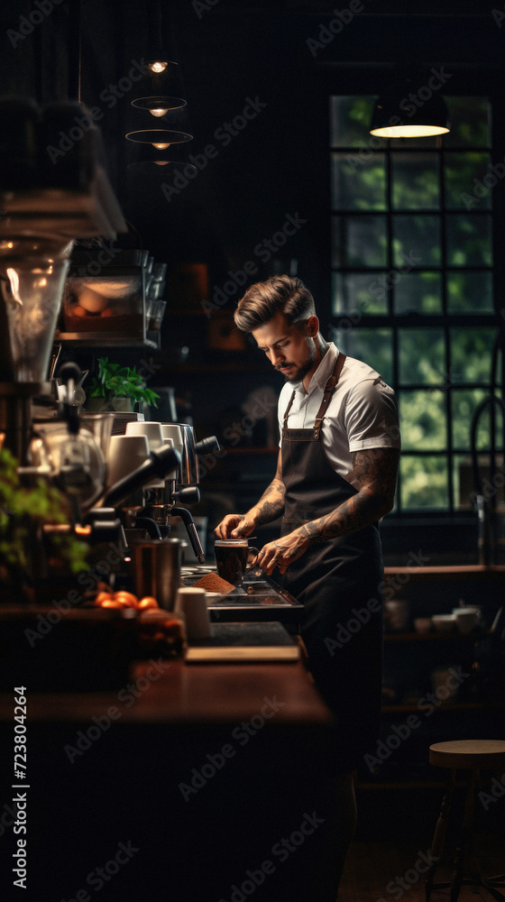 Portrait of young male barista in apron making coffee in cafe