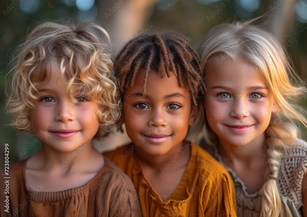 Portrait of a group of kids looking at camera in the park. Generative Ai. Portrait of a group of kids looking at camera in the park. Generative Ai.
