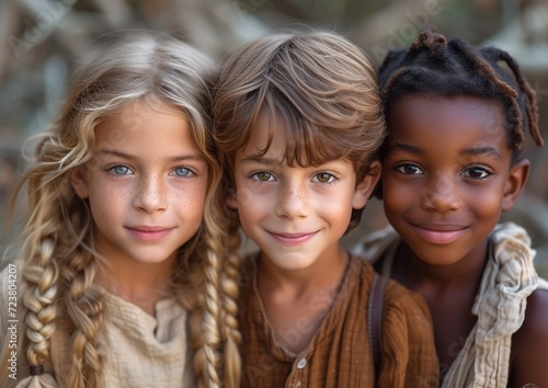 Portrait of a group of kids looking at camera in the park. Generative Ai. 
