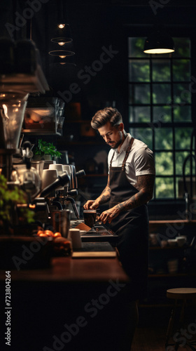 Portrait of young male barista in apron making coffee in cafe