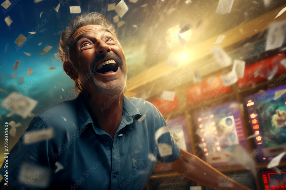 a man celebrating a success or win, or a cash prize, lotto gambling win of big money achievement at the casino a man celebrating a success or win, or a cash prize, lotto gambling win of big money achievement at the casino