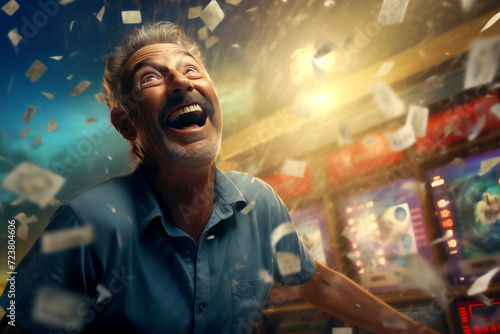 a man celebrating a success or win, or a cash prize, lotto gambling win of big money achievement at the casino