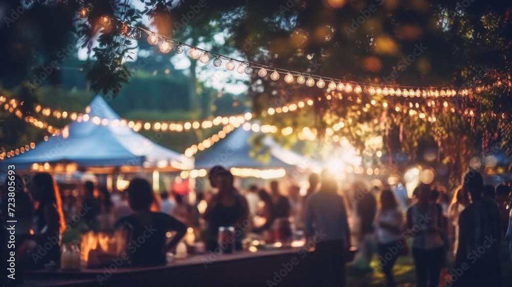 Blurred image of people at outdoor festival with bokeh lights - obrazy, fototapety, plakaty 