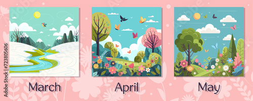 Spring frame calendar with different landscapes of green meadow with butterflies on sky and snowy valley in mountains. Colorful wild flowers blooming. Artistic drawing with flora. Vector illustration