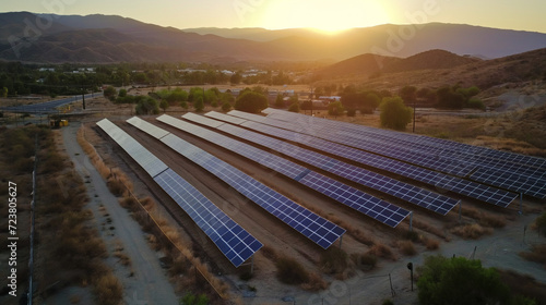 Solaranlage mit vielen tausenden Solarzellen und Solarpanels auf einem riesigen Feld in der Sonne Generative AI