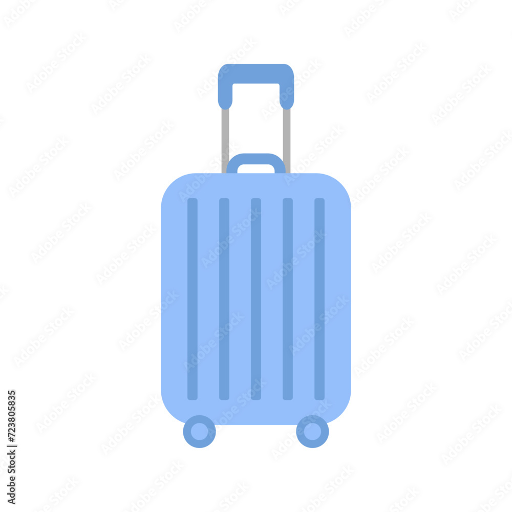 Blue Suitcase on wheels with a handle. Luggage or baggage, plastic bag flying, creative journey concept, travel concept. Flat vector illustration isolated on white background Blue Suitcase on wheels with a handle. Luggage or baggage, plastic bag flying, creative journey concept, travel concept. Flat vector illustration isolated on white background