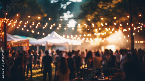 Blurred image of people at music festival with bokeh background photo