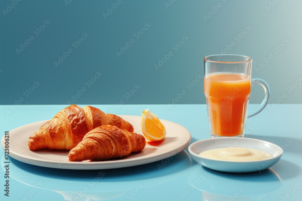 A plate of delicious croissants accompanied by a refreshing glass of orange juice. Perfect for a delightful breakfast or brunch A plate of delicious croissants accompanied by a refreshing glass of orange juice. Perfect for a delightful breakfast or brunch