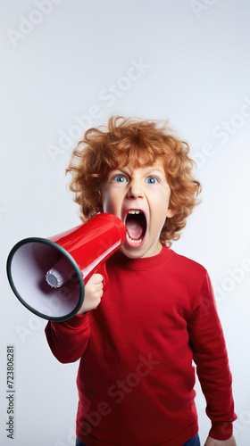 Portrait of a redhead boy shouting through a megaphone