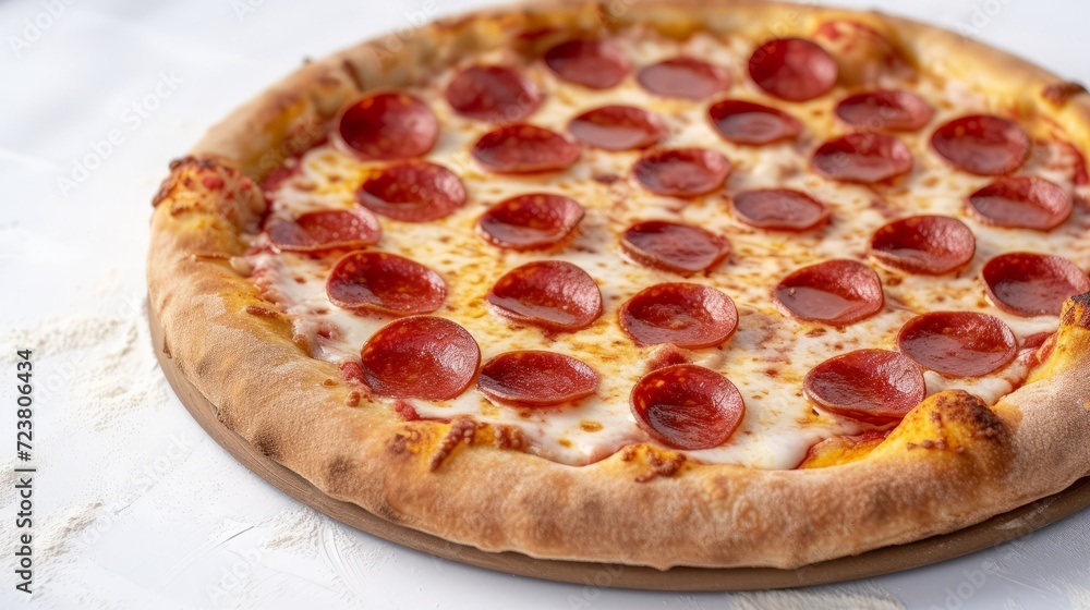 A delicious pepperoni pizza sits on a table covered in flour