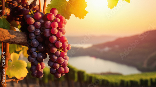 Ripe red grapes on vineyards in Lavaux region, Switzerland