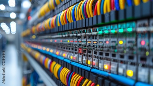 A close up of a server rack with colorful cables photo