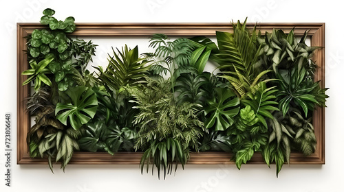 tropical plants outgoing of raw wood frame  innovative wall isolated background