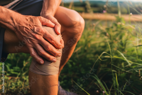 Old Man Has A Sudden Knee Pain Injury In Garden, Leg Band Bandage, Joint Or Muscle Pain Relief. Senior runner with hand on leg in support or relief for ache photo