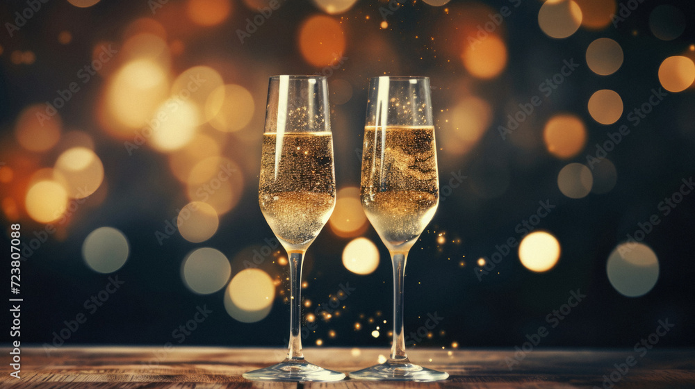 Glasses of champagne on bokeh background. New Year celebration Glasses of champagne on bokeh background. New Year celebration