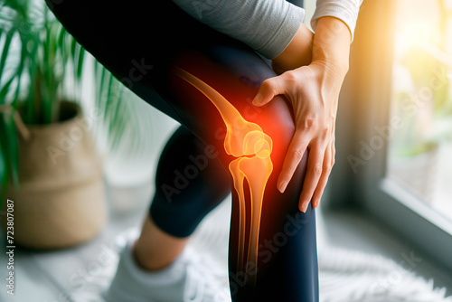 Woman Holds Her Injured Painful Knee Cap, Meniscal Tear Problem, X-ray Of Knee photo